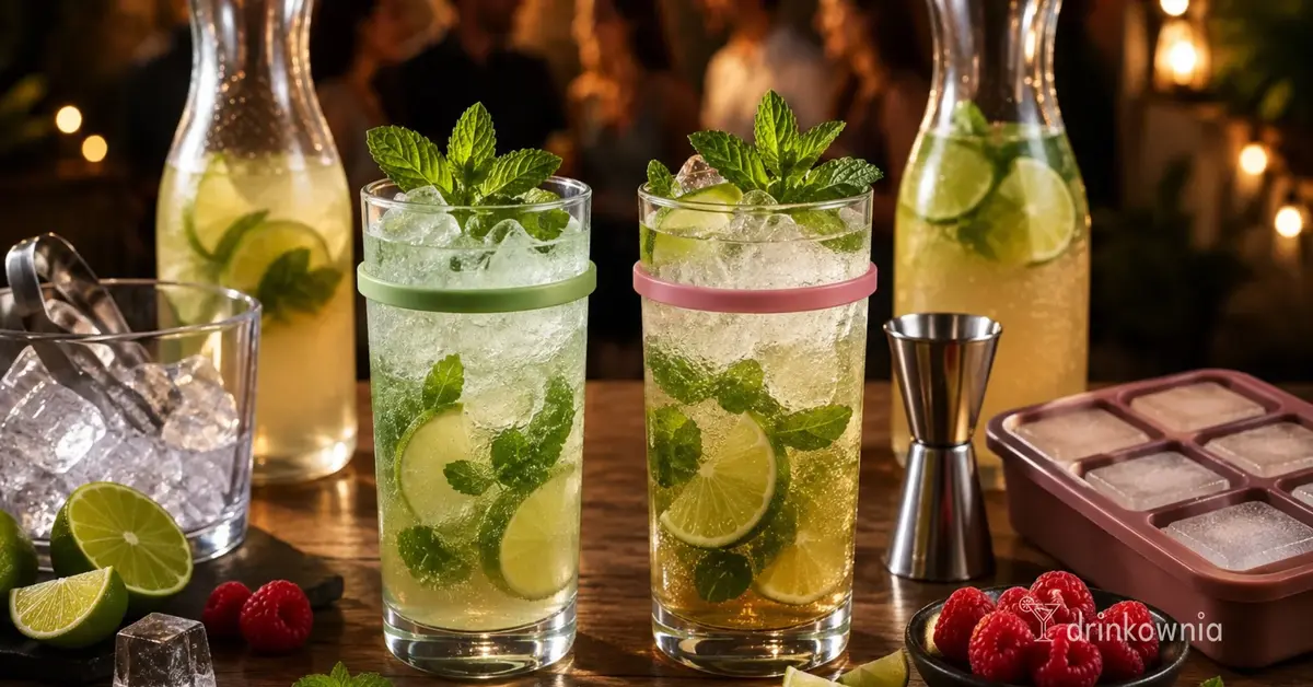 Dwa podobne drinki z limonką i miętą: jeden z alkoholem, drugi bez, na stole podczas domowej imprezy.