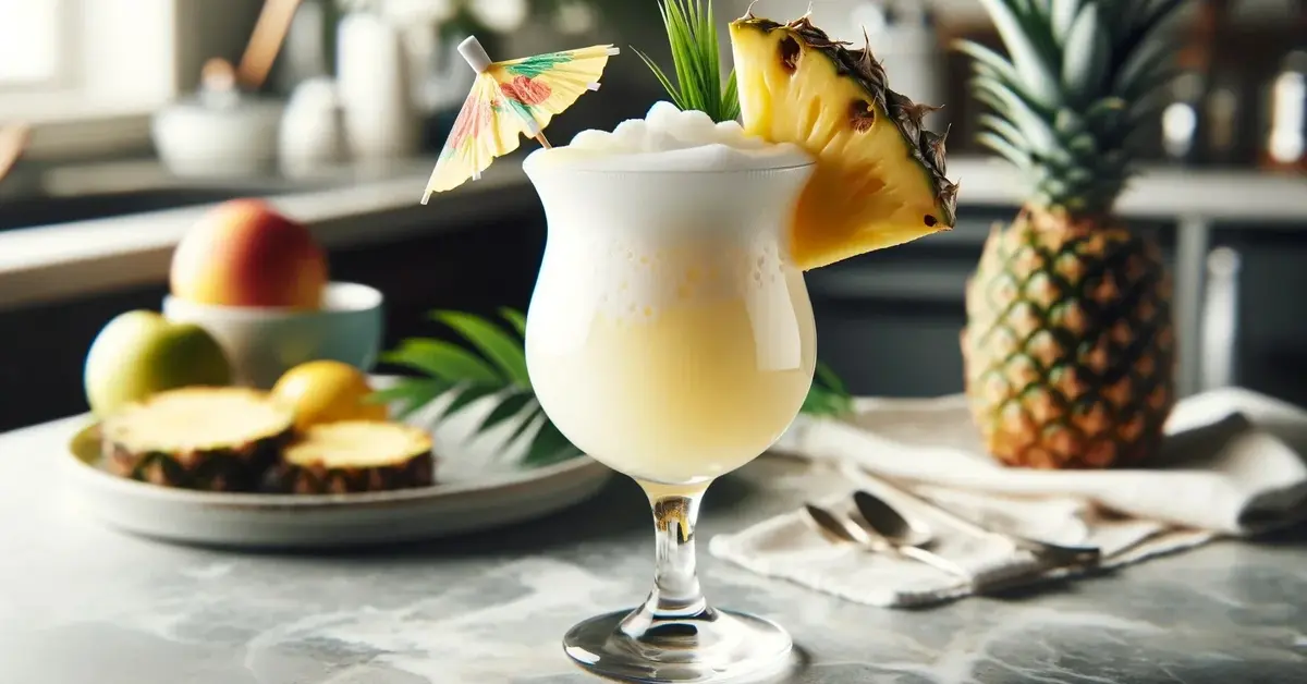 Domowy Virgin Piña Colada w eleganckiej szklance, z ananasem i parasolką