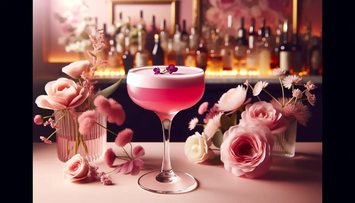 Zdjęcie przedstawia różowy, klasyczny drink Pink Lady z aksamitną pianką, ozdobiony kwiatami. Piękne róże w tle. 