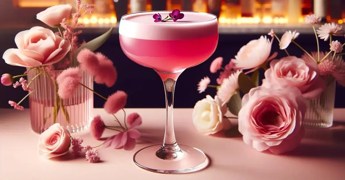 Zdjęcie przedstawia różowy, klasyczny drink Pink Lady z aksamitną pianką, ozdobiony kwiatami. Piękne róże w tle. 