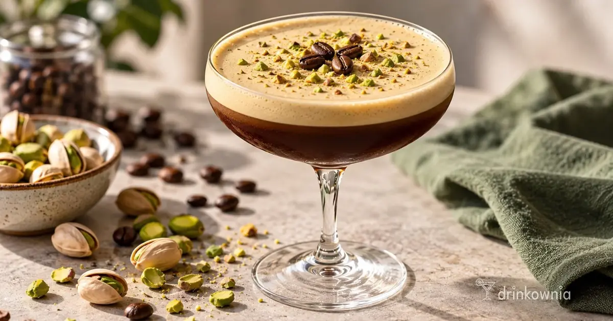 Pistacjowe Espresso Martini z kremową pianką, pistacjami i ziarnami kawy w kieliszku coupe