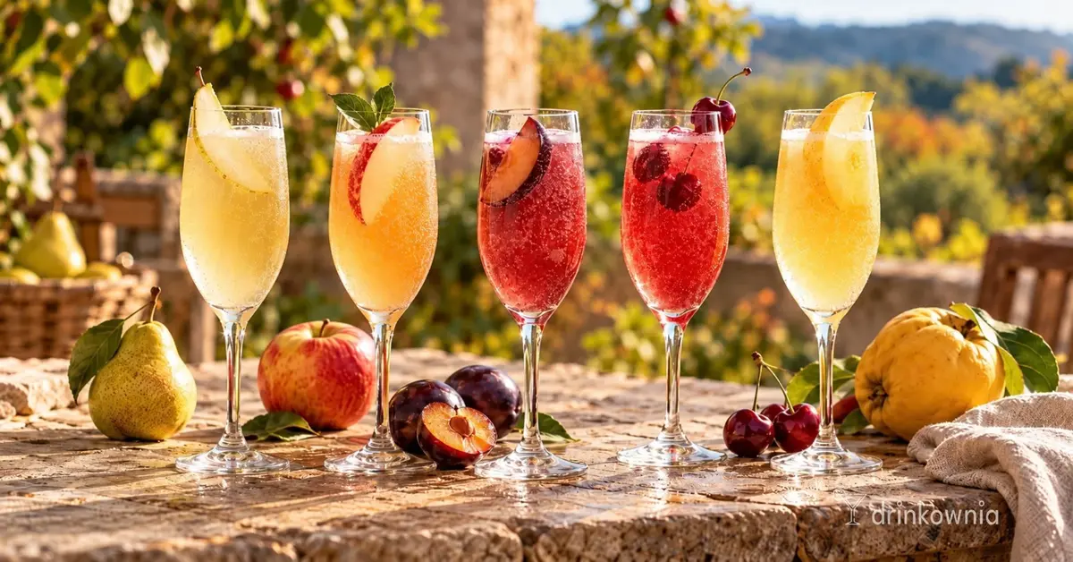 Pięć owocowych drinków Bellini z prosecco, gruszką, jabłkiem, śliwką, wiśnią i pigwą na tle sadu.