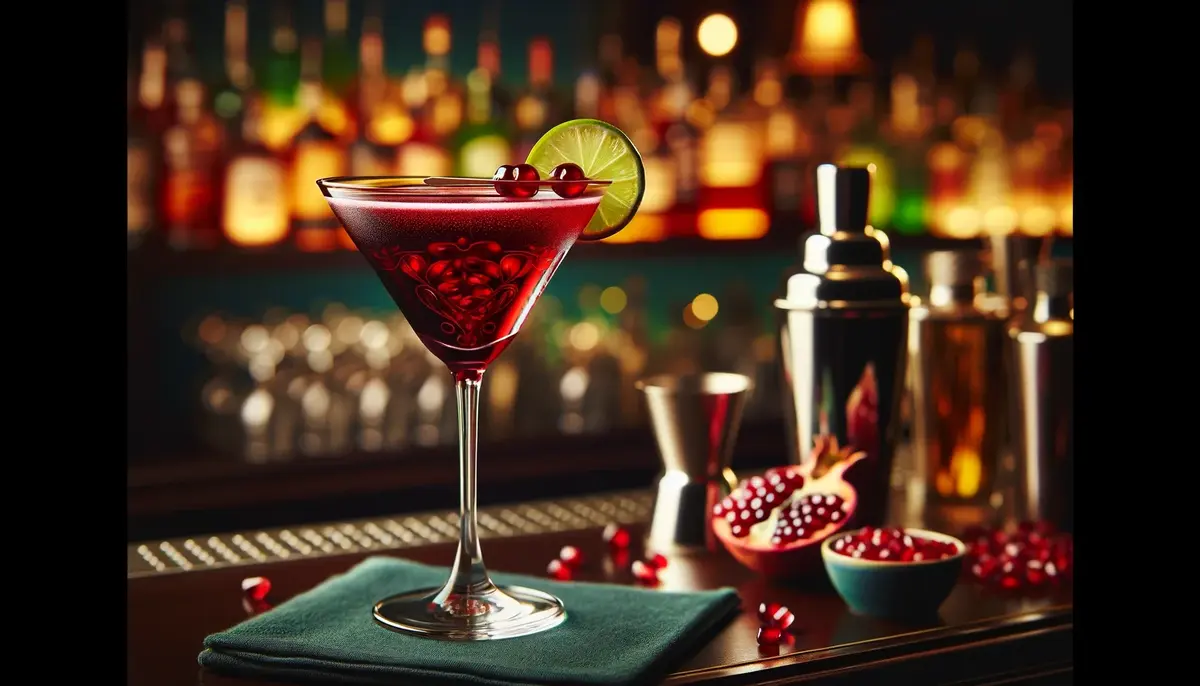 Rubinowy drink Pomegranate Martini, ozdobiony ziarenkami granatu i plasterkiem limonki