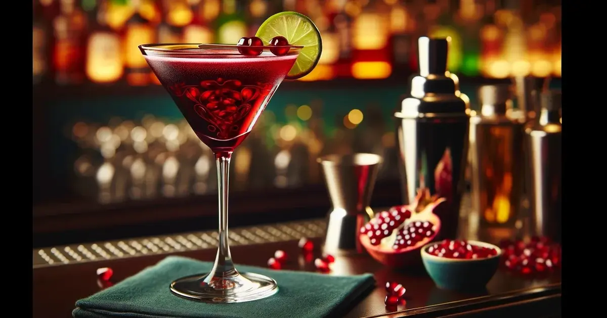 Rubinowy drink Pomegranate Martini, ozdobiony ziarenkami granatu i plasterkiem limonki