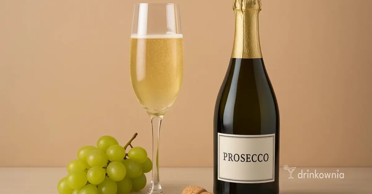 Butelka prosecco, kieliszek z musującym winem, zielone winogrona i korek na tle beżowego tła – wino prosecco