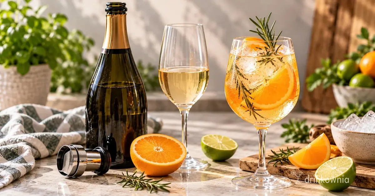 Otwarte prosecco, kieliszek z wygazowanym winem i cytrusowy drink z lodem oraz pomarańczą