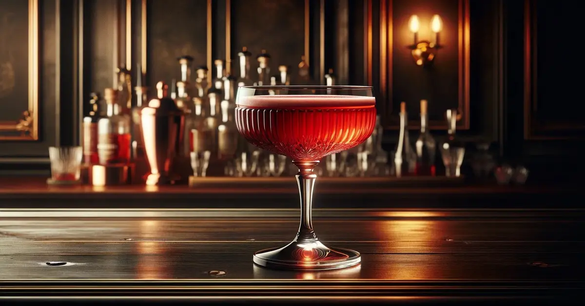 Zdjęcie przedstawia drink Queen Mother: drink z ginem, Dubonnet i Aperolem, czerwonym ozdobiony plastrem cytryny.
