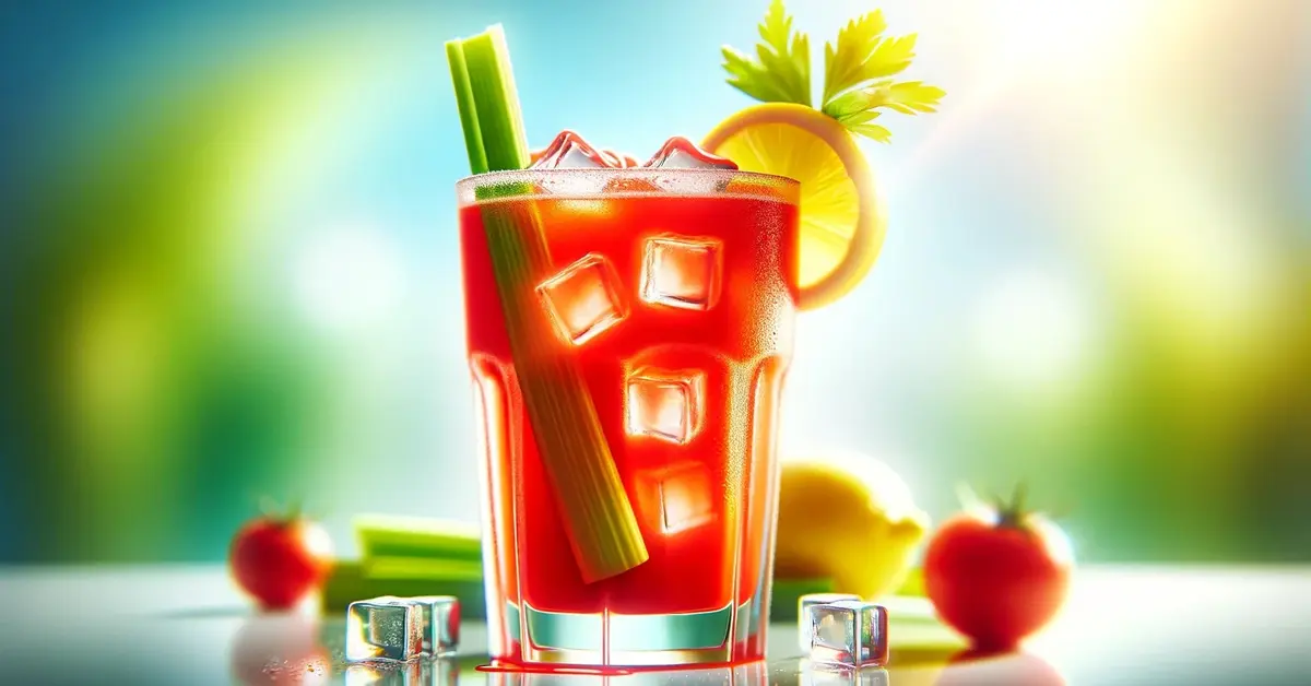 Zdjęcie przedstawia czerwony drink Red Snapper w szklance z lodem, z selerem i cytryną, na białym stole w ogrodzie.