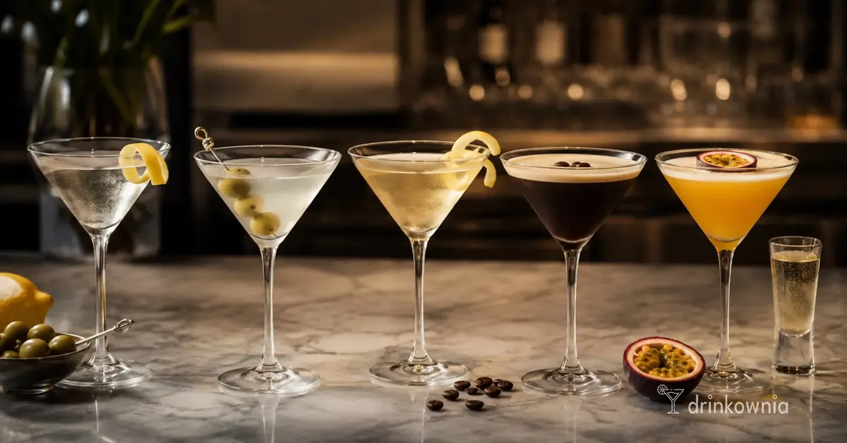 Pięć różnych Martini: Dry, Dirty, Vesper, Espresso i Pornstar ustawionych na barze