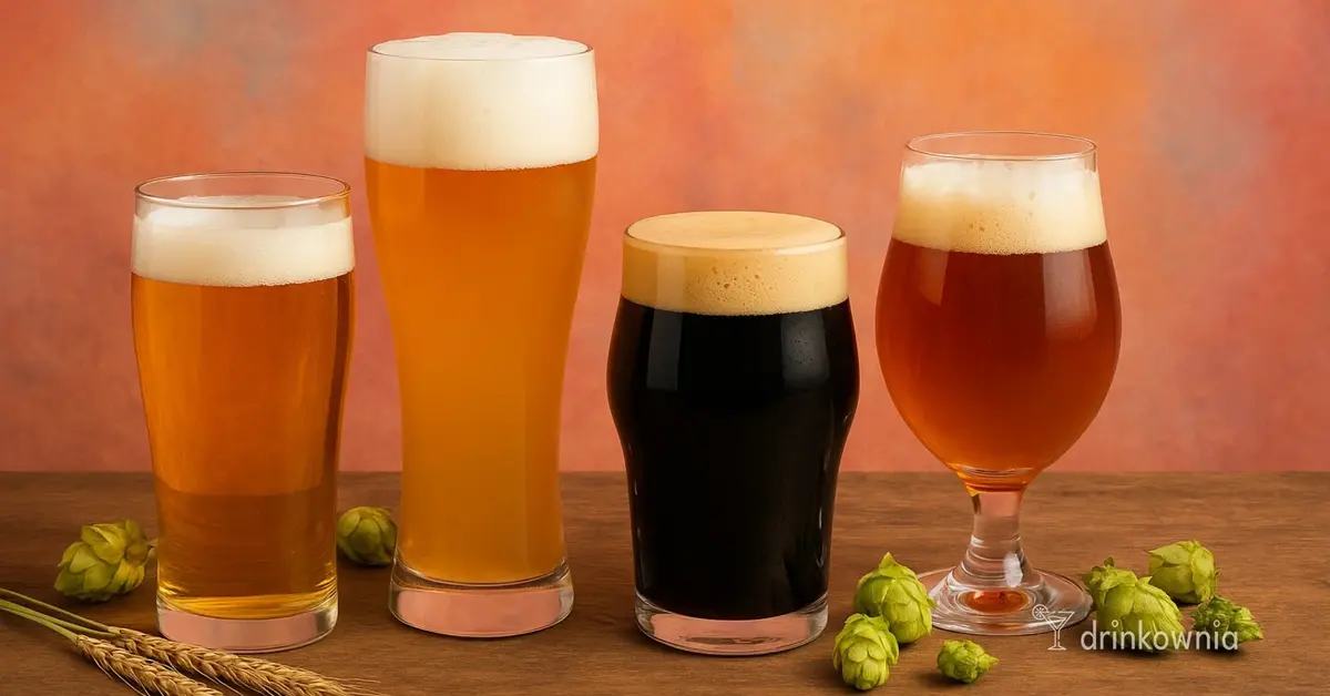 Różne rodzaje piwa w szklankach – lager, pszeniczne, IPA i stout – na stole w ciepłym świetle, symbol odkrywania smaków