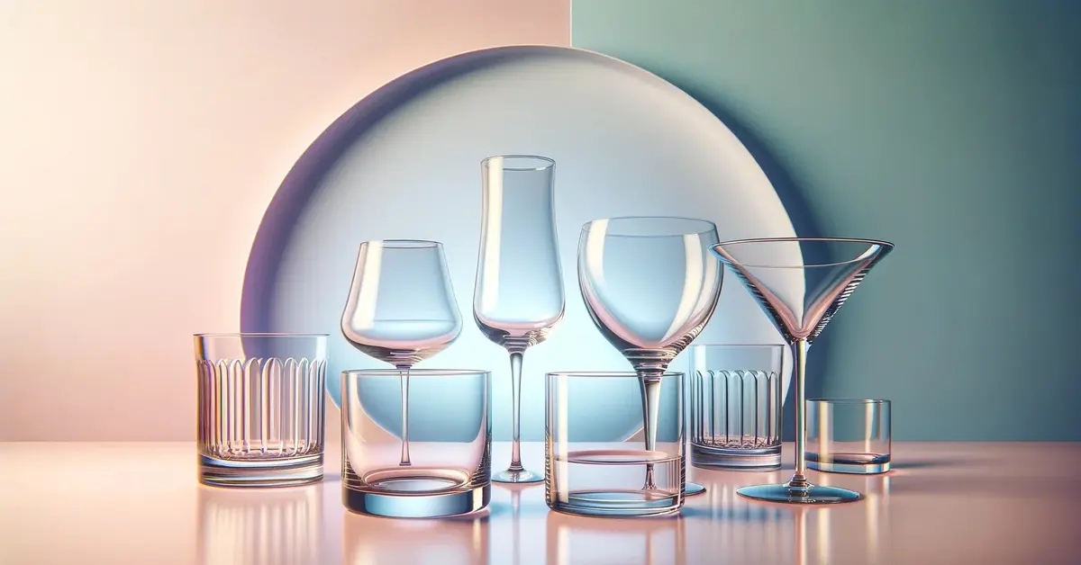 Zdjęcie prezentuje różne rodzaje szklanek i kieliszków do drinków, od martini, coupe po szklanki lowball i old-fashioned