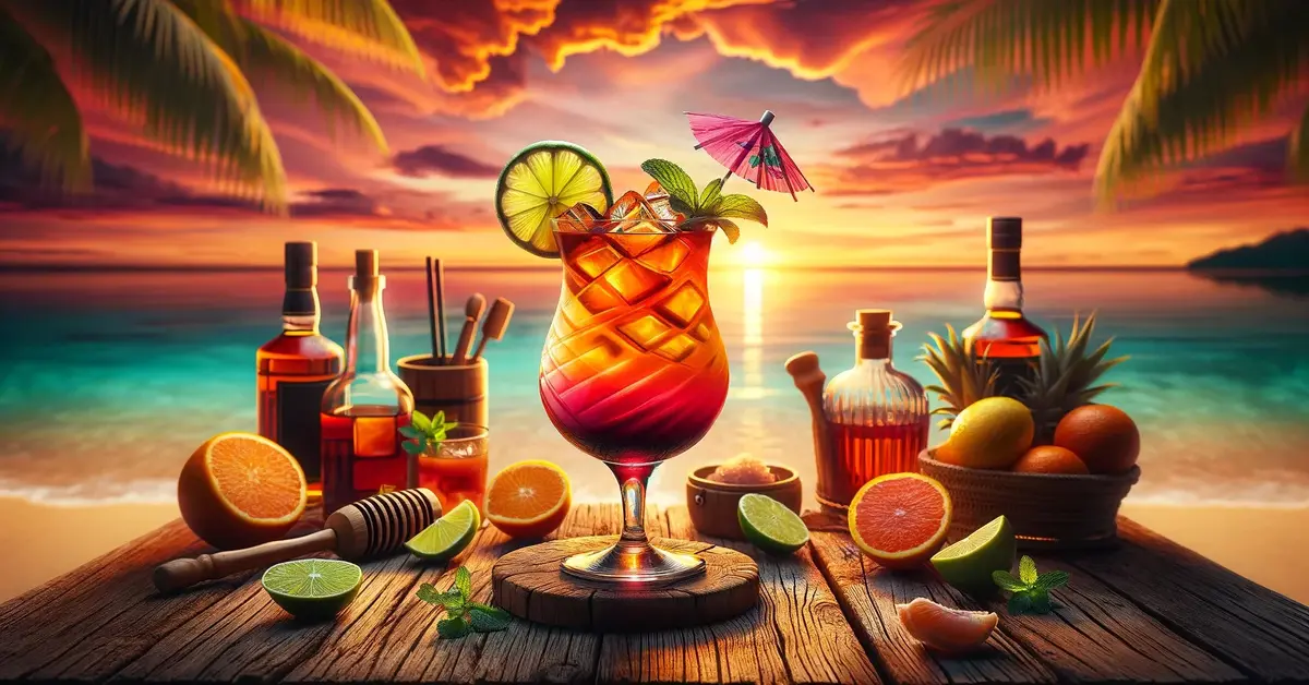 Zdjęcie przedstawia drink Rum Punch, ozdobiony tropikalnymi owocami jak, w tle tropikalna plaża o zachodzie słońca.