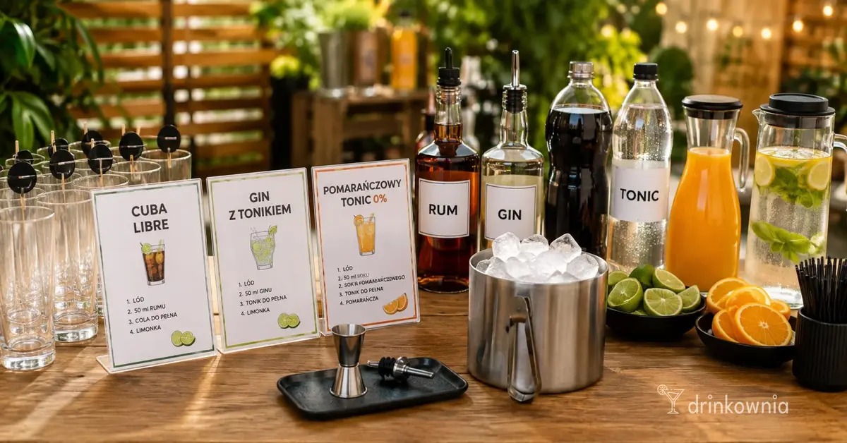 Samoobsługowy drink bar z lodem, cytrusami, szkłem i napojami przygotowany na domówkę.