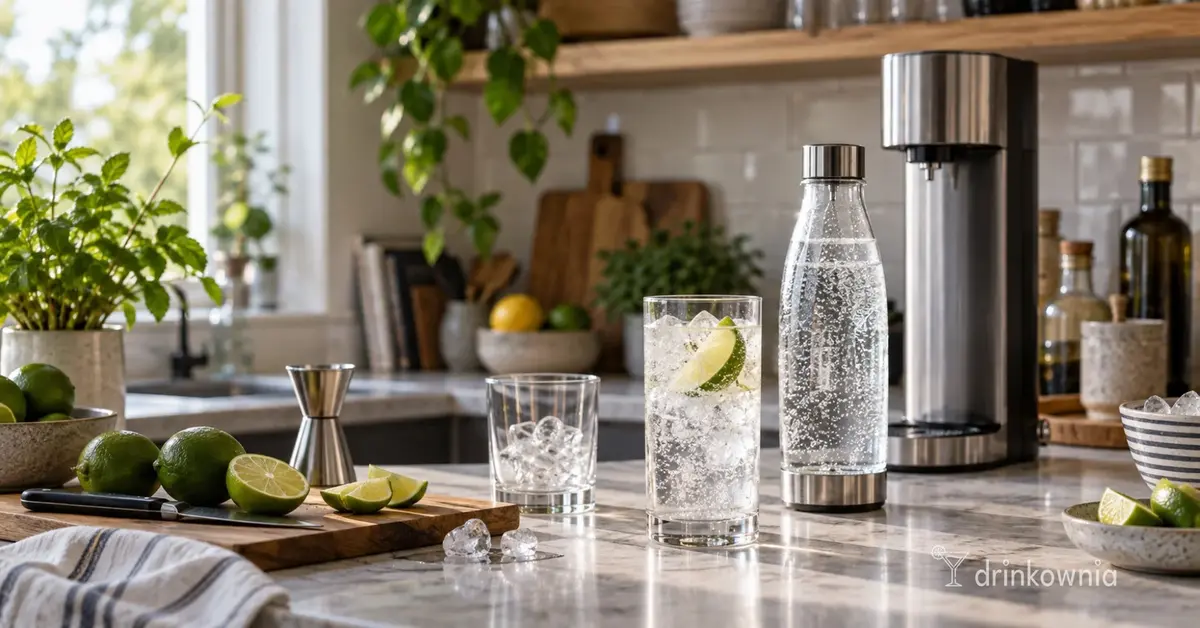 Saturator, gazowana woda i drink z limonką na blacie domowego baru