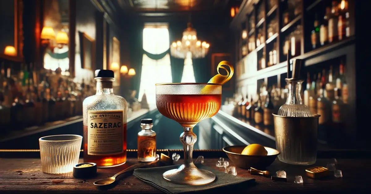 Klasyczny drink Sazerac z żytnią whisky, podany w ozdobnym kieliszku, ozdobiony skórką cytryny.