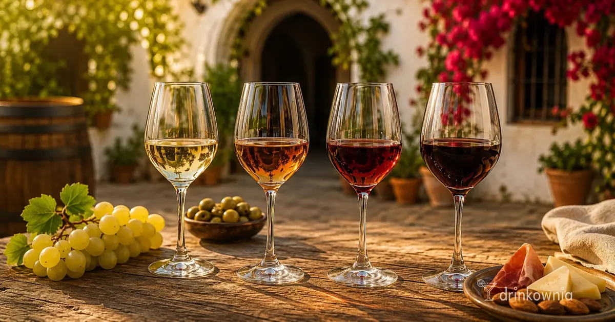 Cztery style sherry od jasnego fino po ciemne PX na stole w andaluzyjskim dziedzińcu