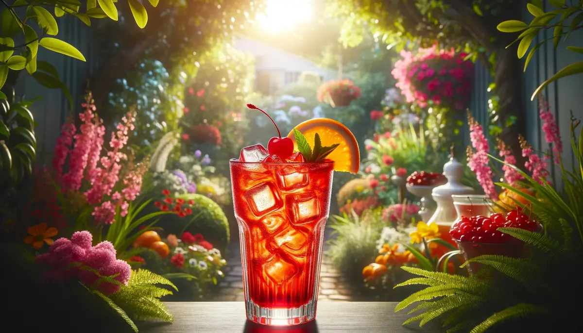 Zdjęcie prezentuje bezalkoholowy drink Shirley Temple w ogrodzie, z wiśnią i pomarańczą, w otoczeniu zieleni i kwiatów.