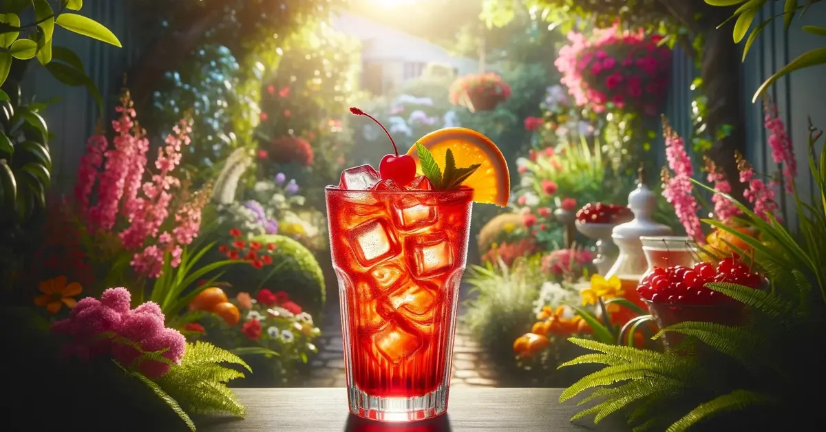 Zdjęcie prezentuje bezalkoholowy drink Shirley Temple w ogrodzie, z wiśnią i pomarańczą, w otoczeniu zieleni i kwiatów.
