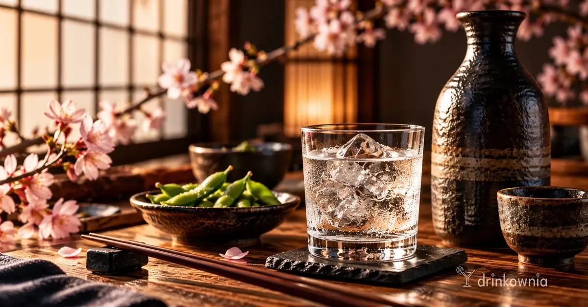 Shochu podane z lodem w japońskiej aranżacji z ceramiką, edamame i ciepłym światłem izakayi