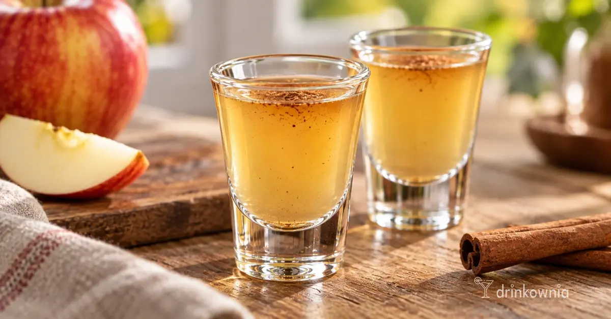 Shot Szarlotka z Żubrówką, sokiem jabłkowym i cynamonem podany obok świeżych jabłek