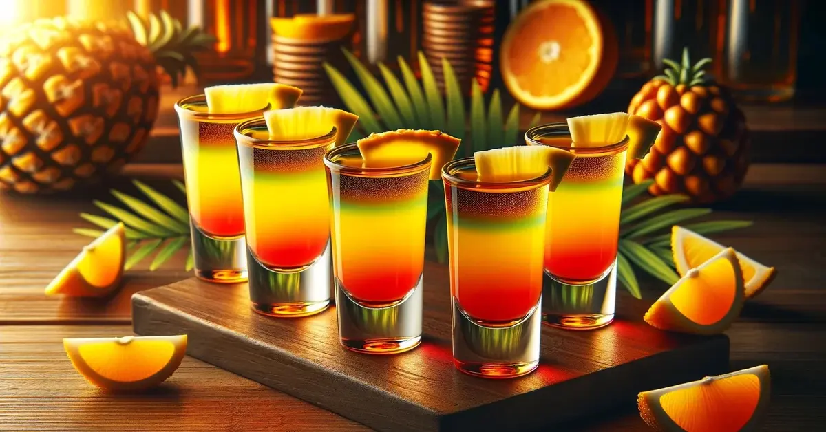 Zdjęcie prezentuje tropikalne shoty z rumem i likierem pomarańczowym ozdobione kawałkami ananasa.