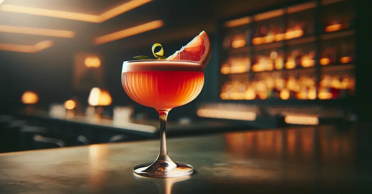 Zdjęcie przedstawia drink Siesta, w eleganckim kieliszku, ozdobiony grejpfrutem, w kojącej scenerii.