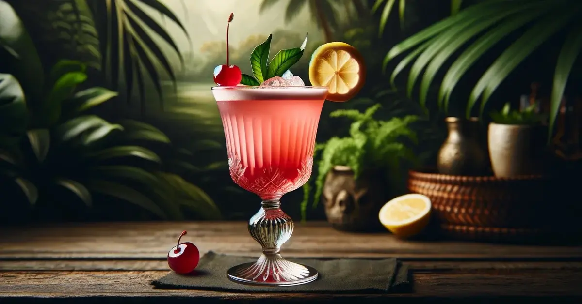 Zdjęcie drinka Singapore Sling o bladoróżowym kolorze, ozdobiony plastrem cytryny i wiśnią, na tle liści.