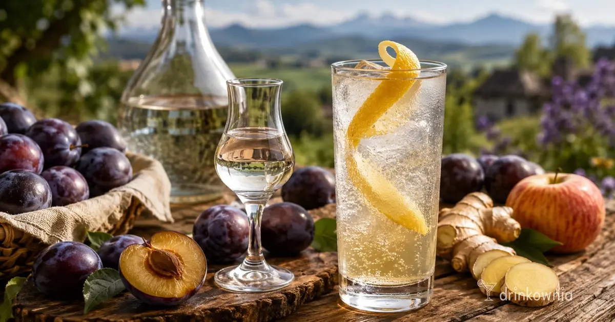 Śliwowica Łącka, świeże śliwki i prosty drink na tle małopolskiego krajobrazu