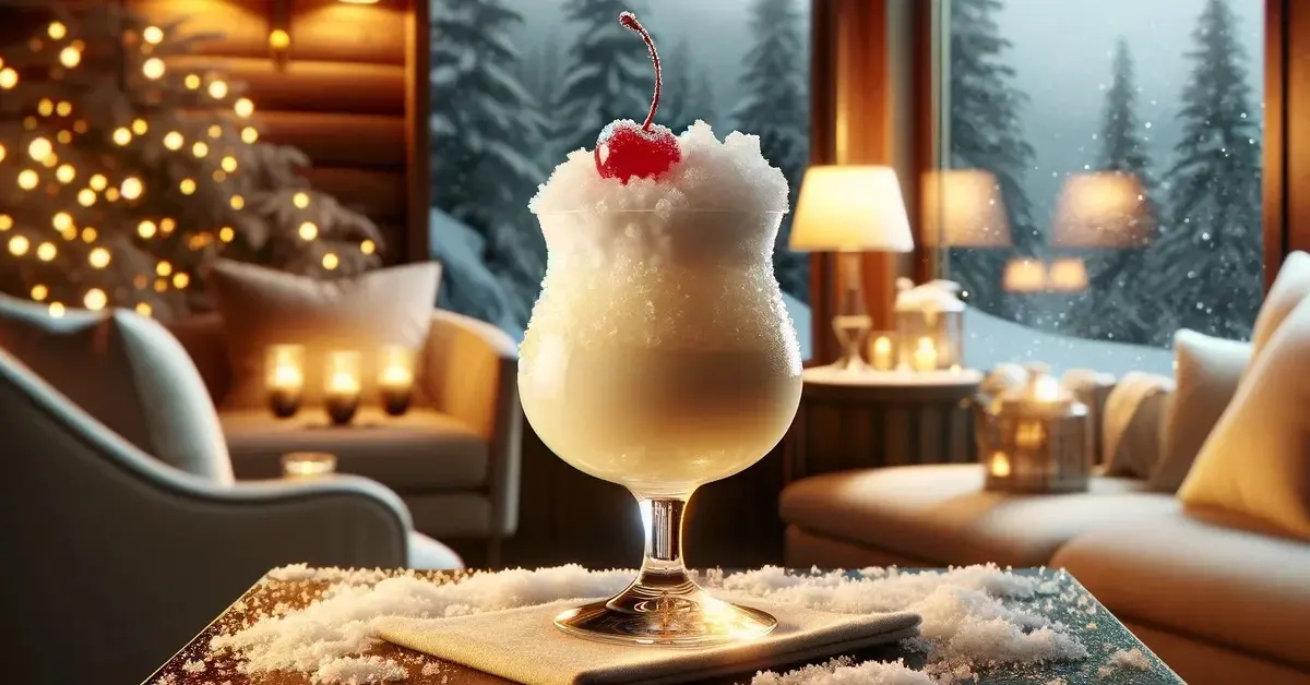 Zdjęcie przedstawia drink Snowball (Śnieżka) w scenerii świątecznej. 