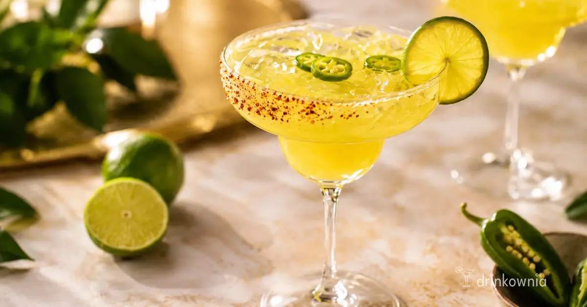 Spicy Margarita z limonką, jalapeño i pikantnym rantem z chili w jasnej, letniej aranżacji.
