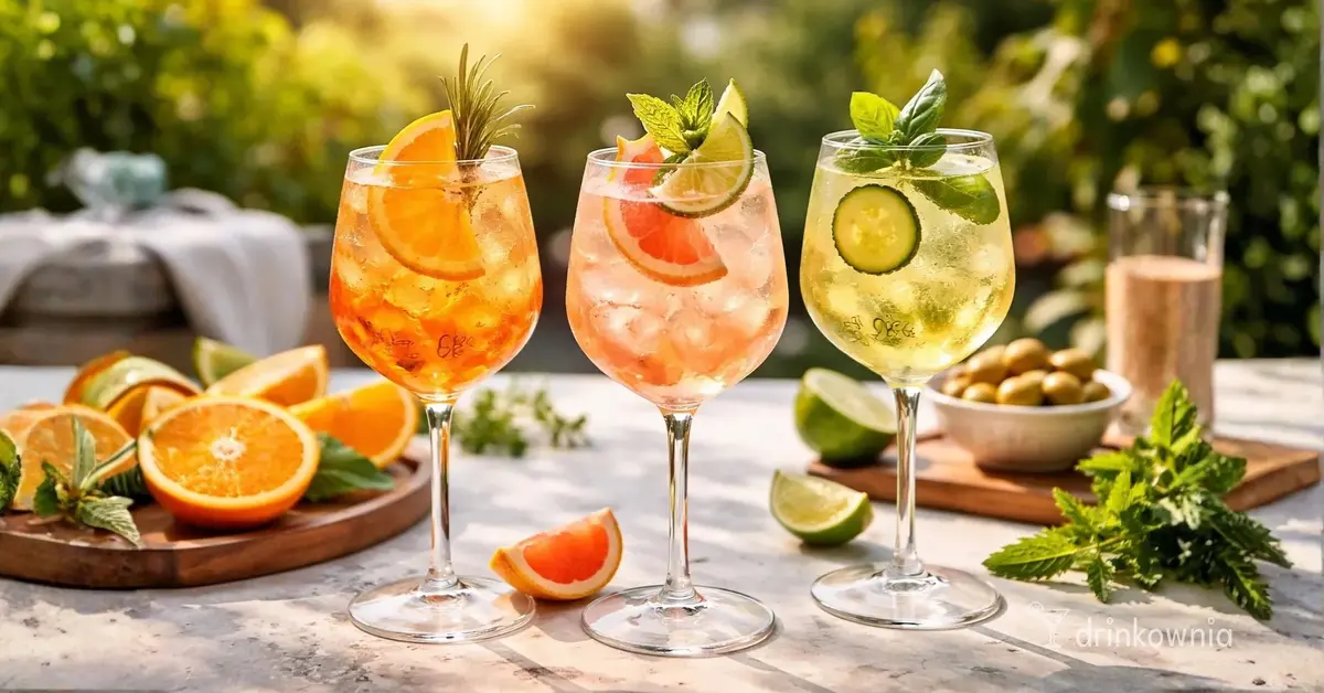 Trzy bezalkoholowe spritze 0% w kieliszkach do wina, z lodem, cytrusami i ziołami, w letnim ogrodowym świetle.