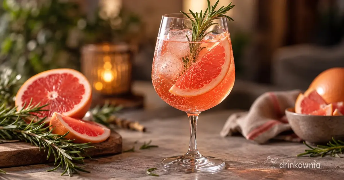 Grejpfrutowy Spritz z lodem i rozmarynem w kieliszku, obok świeży różowy grejpfrut.