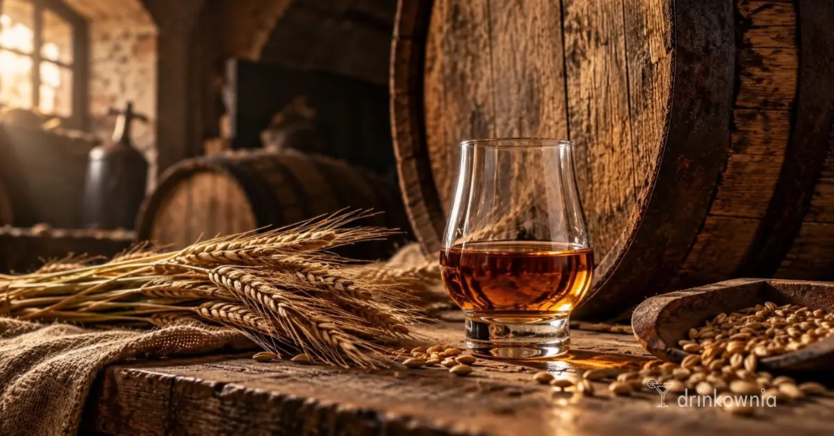 Starka w kieliszku obok żyta i starej dębowej beczki, nawiązująca do wieloletniego dojrzewania alkoholu