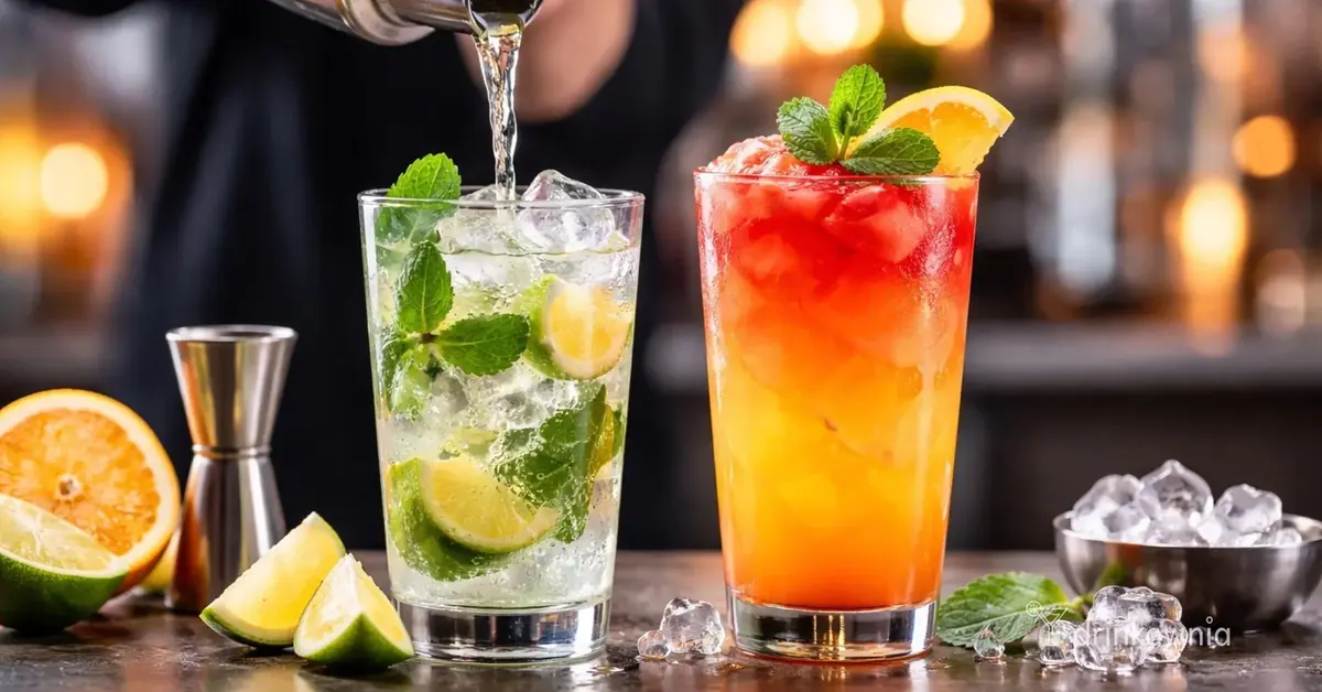 Dwa kolorowe drinki przygotowywane przez barmana – pokaz struktury koktajlu z lodem, cytrusami i świeżą miętą.