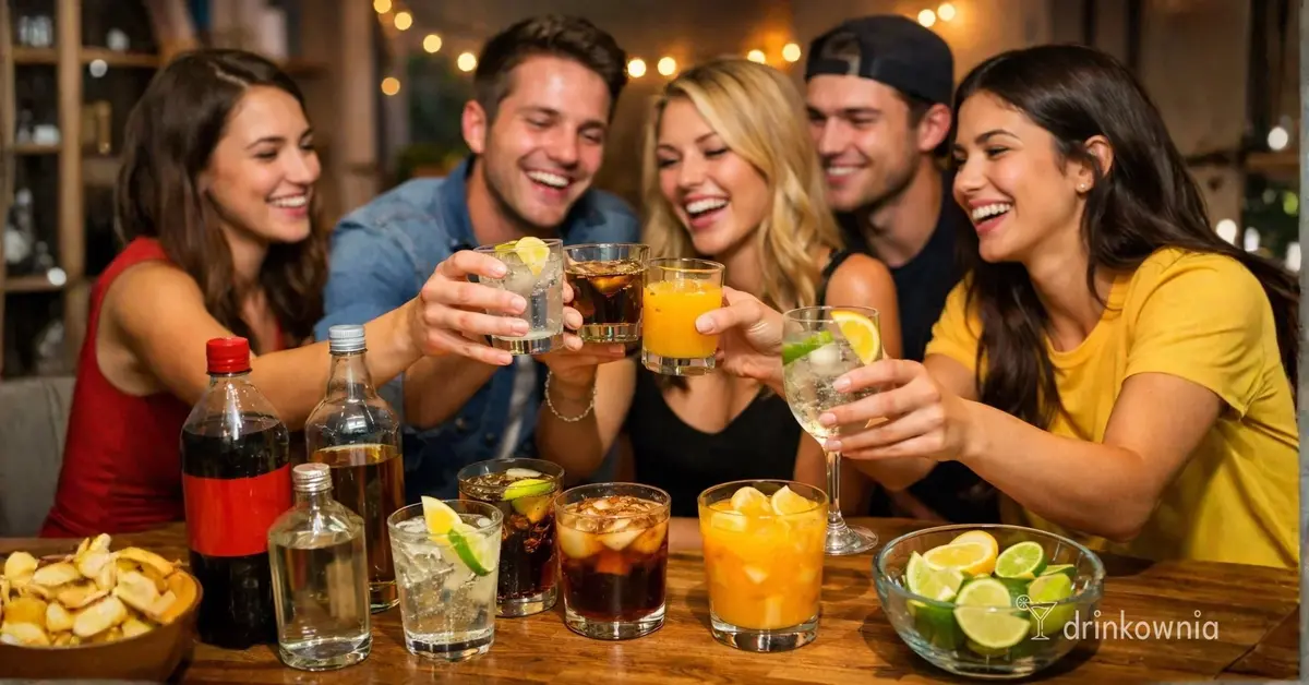 Studencka domówka – grupa znajomych z prostymi drinkami na stole, luźna imprezowa atmosfera bez sprzętu barmańskiego.