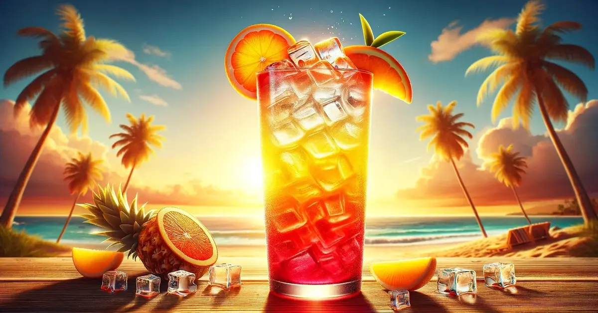 Zdjęcie przedstawia mocktail Sunset Cooler, w wysokiej szklance z lodem, pomarańczą i miętą,  z plażą w tle.