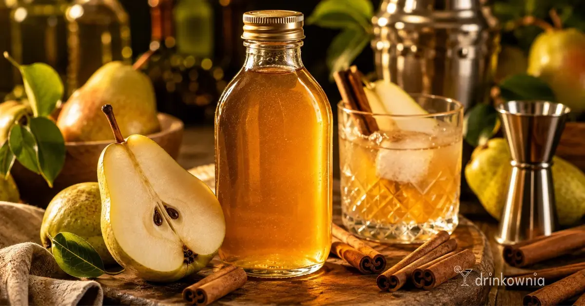 Domowy syrop gruszkowo-cynamonowy, świeże gruszki i drink z lodem.