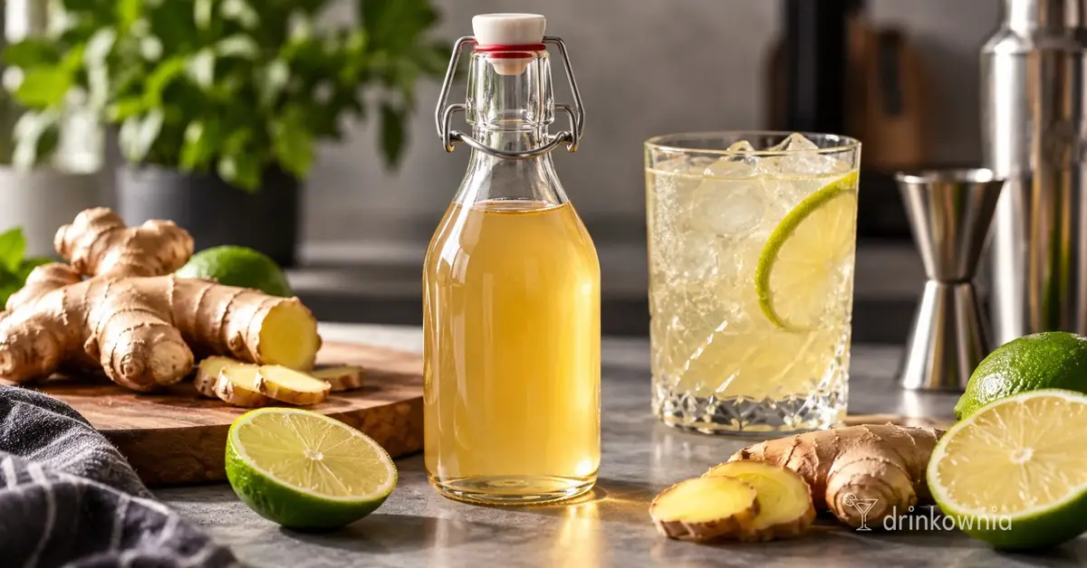 Domowy syrop imbirowy w szklanej butelce obok świeżego imbiru, limonki i drinka z lodem.