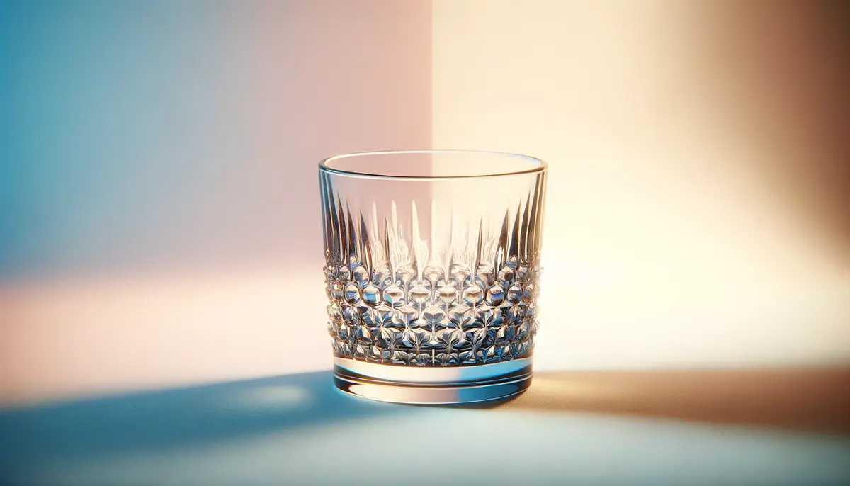 Zdjęcie przedstawia pustą, szklanką, szklankę lowball, z rzeźbionym, kryształowym wzorem.