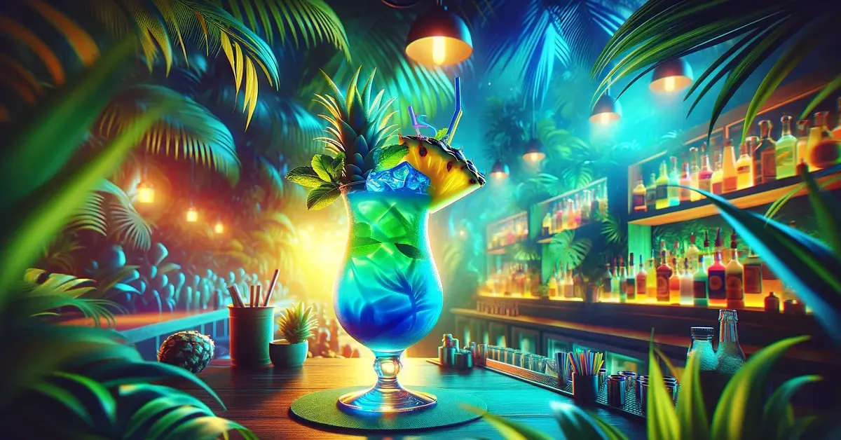 Zdjęcie przedstawia drink Tajemnicze Tropiki o niebieskiej barwie, drink na bazie rumu, w tle tropikalny bar.