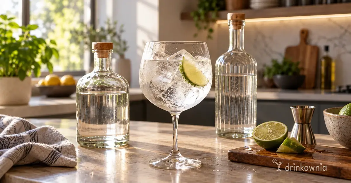 Gin & Tonic z limonką i lodem na blacie nowoczesnej kuchni, obok dwie różne butelki ginu bez etykiet.
