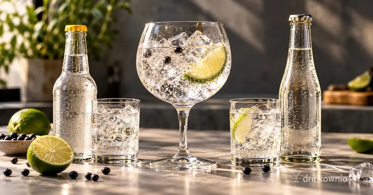 Gin & Tonic z limonką obok dwóch toników – porównanie tańszej i droższej opcji