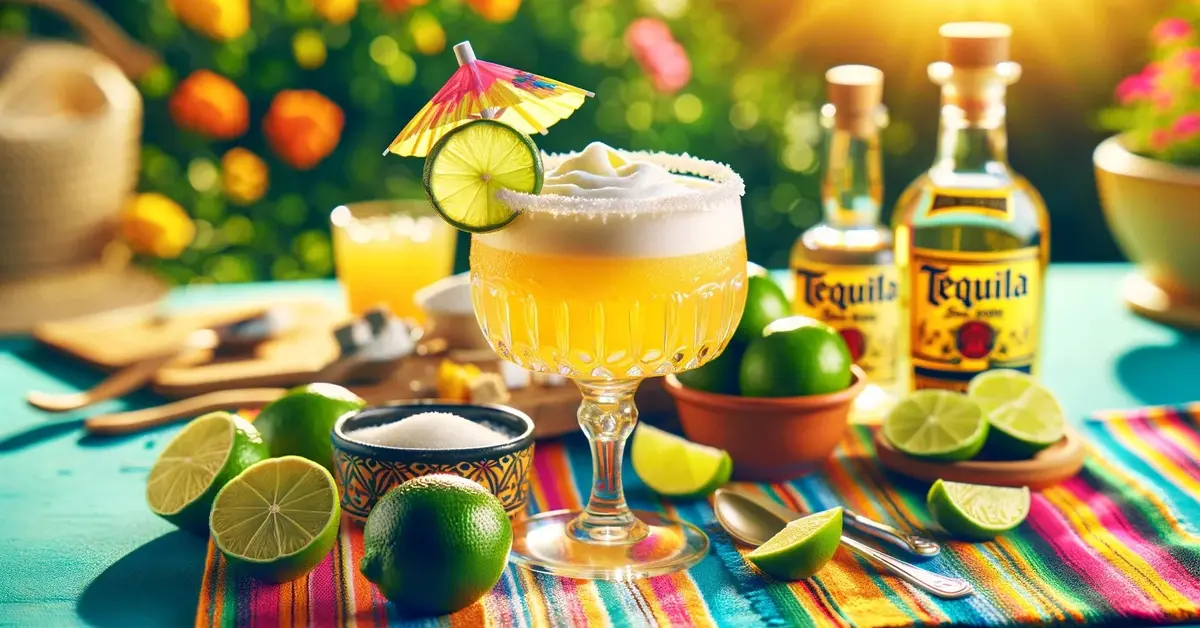 Zdjęcie prezentuje drink Tequila Sour, w kolorowej scenerii słonecznego ogrodu, ozdobiony limonką i kolorową parasolką.