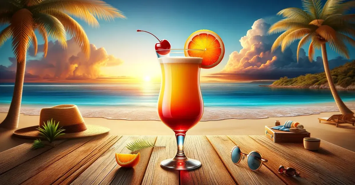 Drink Tequila Sunrise, podawany na plaży, w tle wschód słońca i palmy
