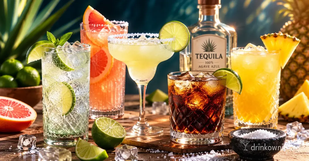 Tequila z limonką i lodem na drewnianym stole, otoczona świeżymi limonkami i akcesoriami barmańskimi.