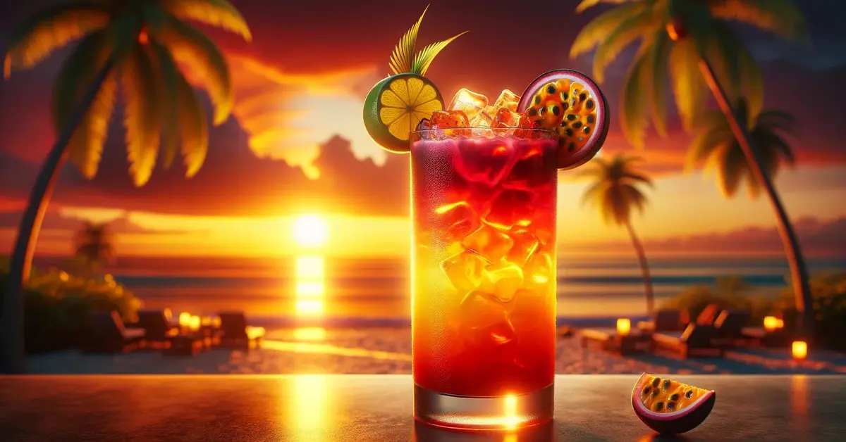 Zdjęcie przedstawia malowniczy krajobraz zachodzącego nad plażą słońca i kolorowy drink Tropical Tequila Sunset.