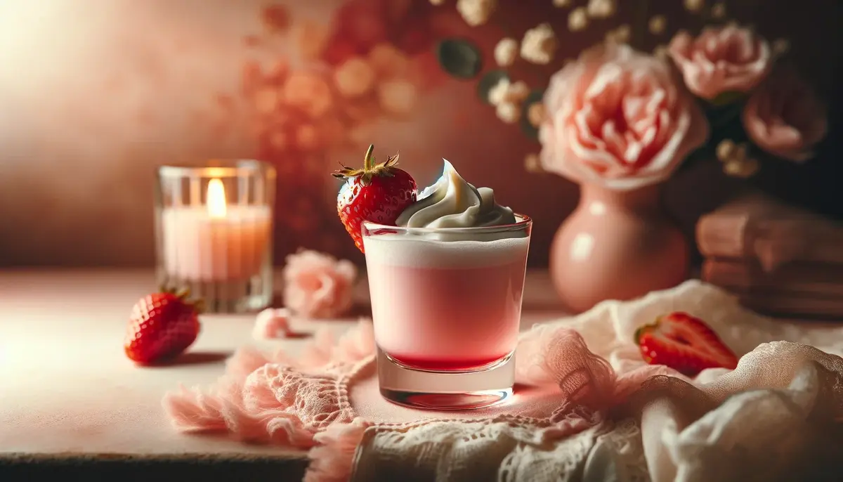 Zdjęcie prezentuje kremowy i lekko różowy shot Truskawkowa Rozkosz ozdobiony bitą śmietaną i truskawkami.