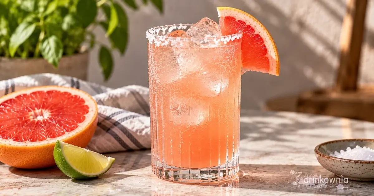 Bezalkoholowa Virgin Paloma z grejpfrutem, limonką, lodem i solonym rantem w wysokiej szklance.