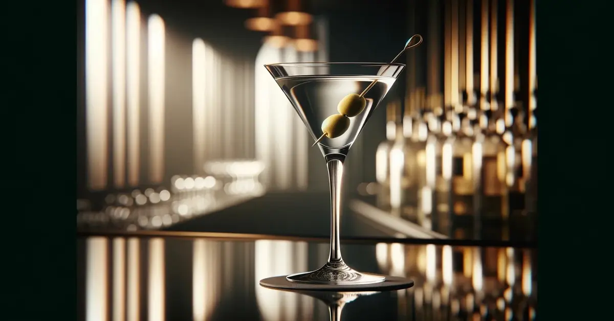 Zdjęcie przedstawia elegancki drink Vodka Martini, czyli Martini z wódką i wermutem, ozdobione oliwką, subtelne światło.