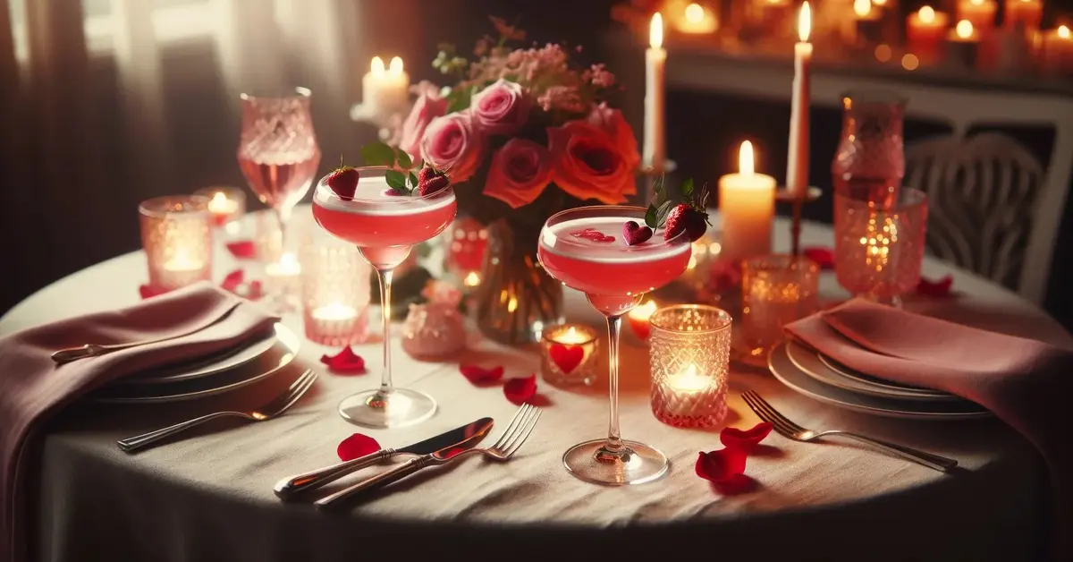 Zdjęcie przedstawia stół z dekoracjami na walentynki, nakryty przed kolacją, a na stole stoją dwa drinki na walentynki.